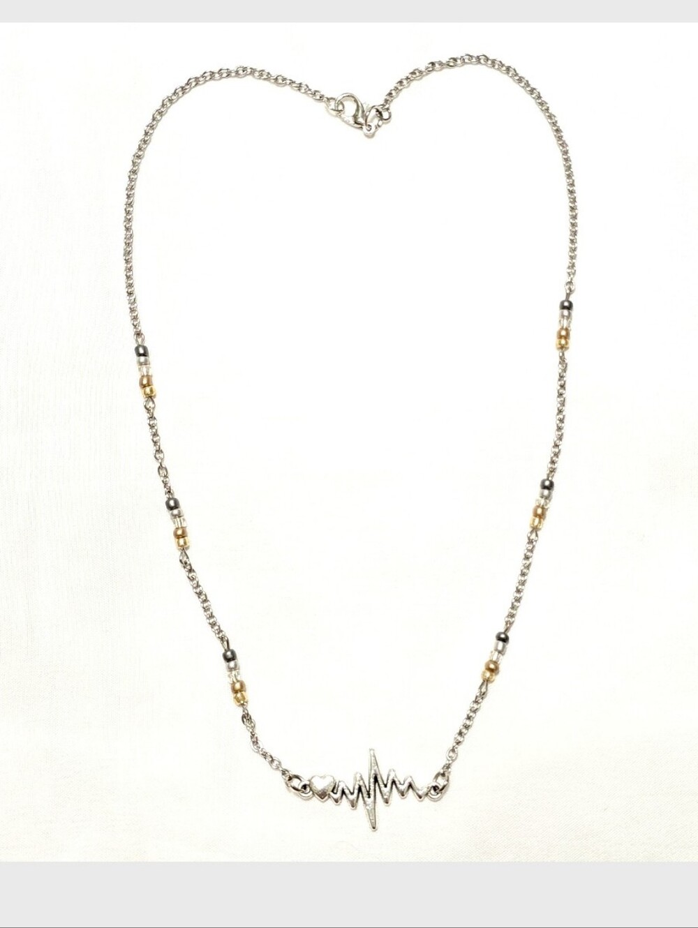 Silver Tone Heartbeat, EKG, Pulse Pendant Necklace - Women Jewelry. Beaded.